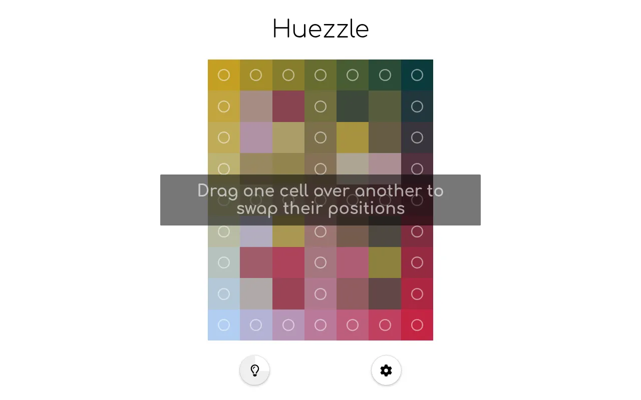 A shuffled Huezzle board: a 7 by 9 grid of mixed yellow, olive, pink and red shades inside a frame of circled frozen cells, with the tip Drag one cell over another to swap their positions