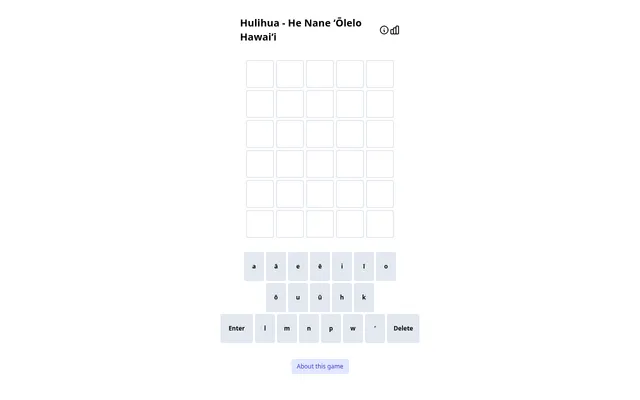 The Hulihua board: an empty five-by-six grid with the short Hawaiian keyboard of vowels with and without kahakō, h, k, l, m, n, p, w and the ʻokina