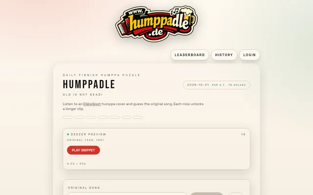 The Humppadle puzzle for 2026-10-21: the humppadle.de logo, the day's card with par 4.7 and 76 solves, seven guess slots, the original year 1991 and the Play snippet button