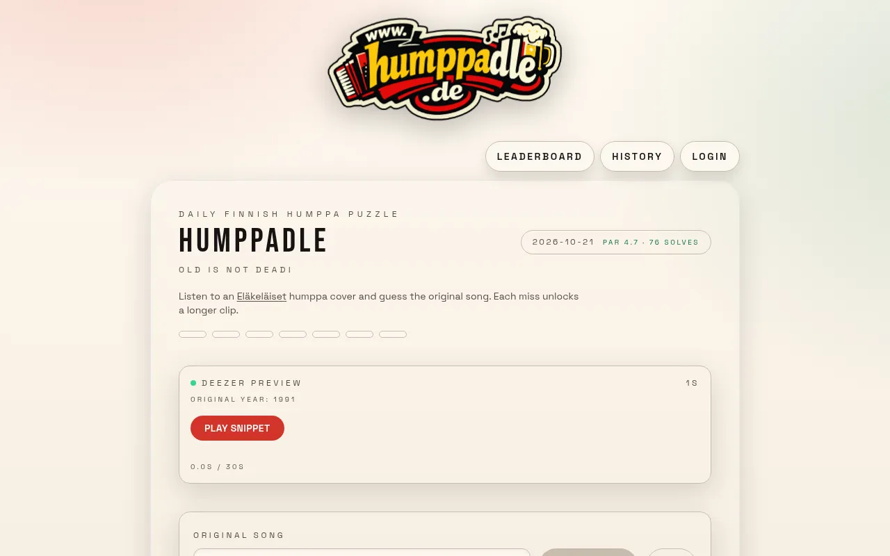 The Humppadle puzzle for 2026-10-21: the humppadle.de logo, the day's card with par 4.7 and 76 solves, seven guess slots, the original year 1991 and the Play snippet button