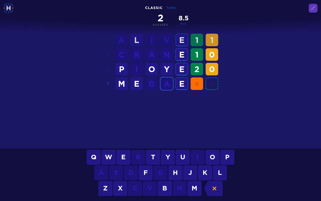 Hunch Classic on 27 October 2026 at desktop size: lead word ALIVE scored 1 and 1, guesses CRANE and PIOYE with their green and amber counts, and the on-screen keyboard