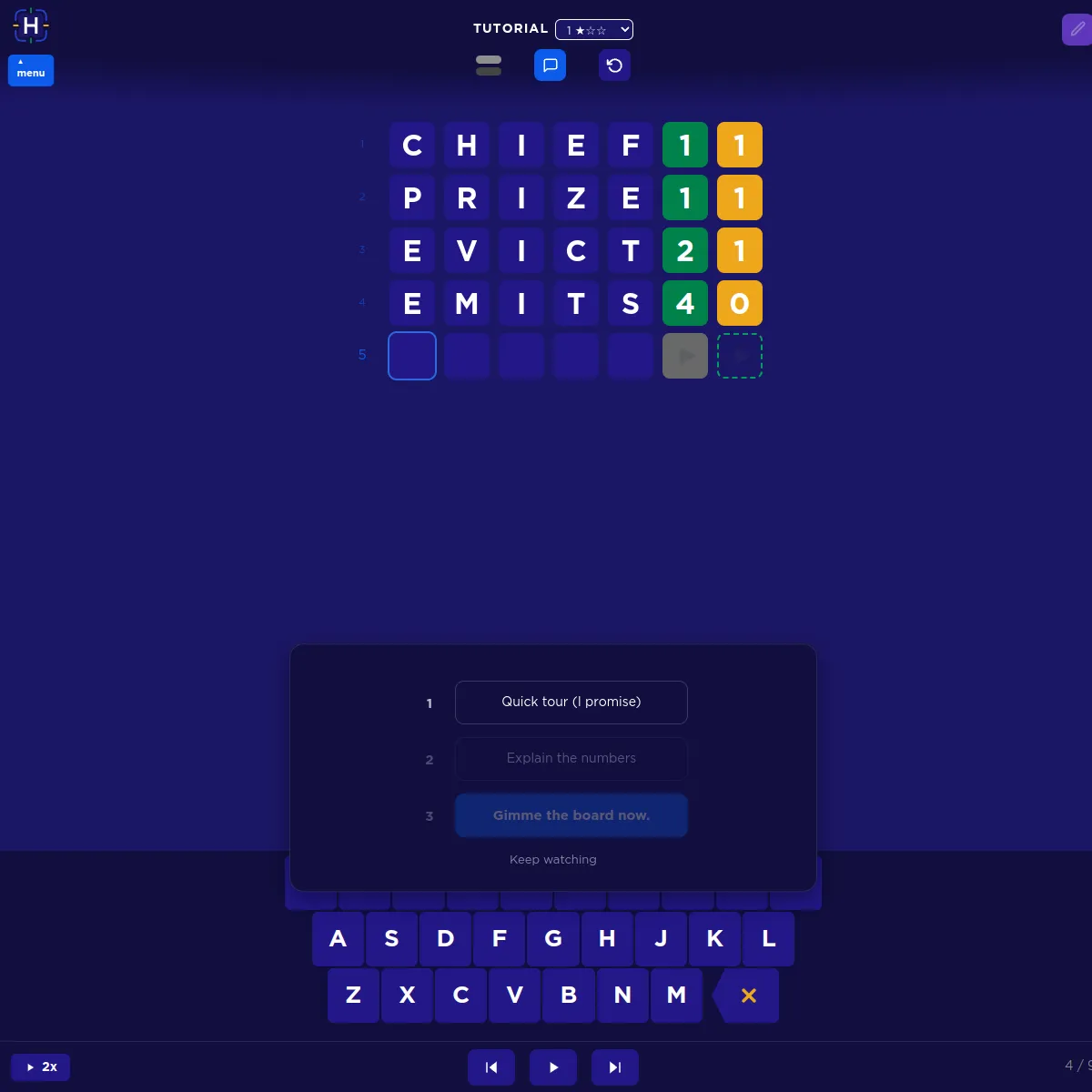 Hunch play board: five-letter guesses CHIEF, PRIZE, EVICT and EMITS, each with two numbers beside it (a green count of letters in the right place and a yellow count of misplaced letters), an on-screen