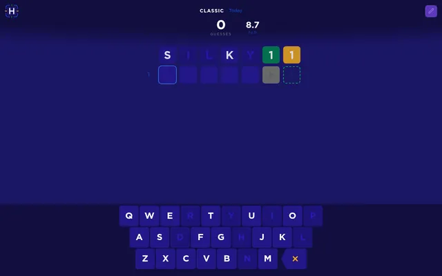 Today's Hunch Classic board: the starting word SILKY with a green 1 and an amber 1 beside it, an empty row for the first guess and the on-screen keyboard below