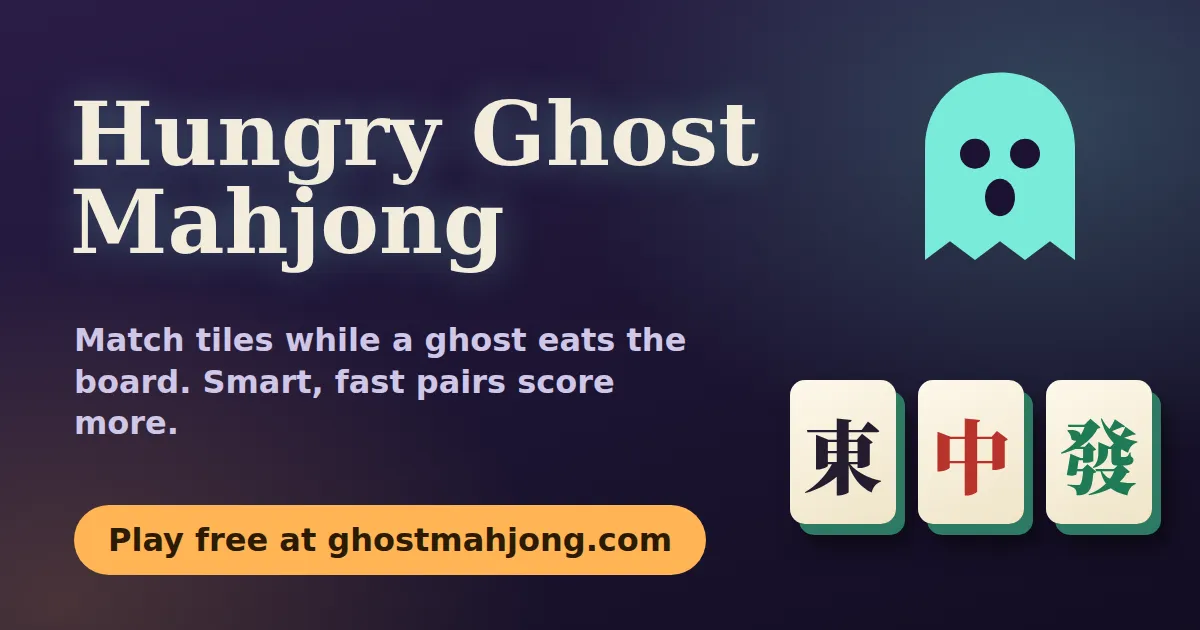 Hungry Ghost Mahjong share card with the game's ghost and three mahjong tiles