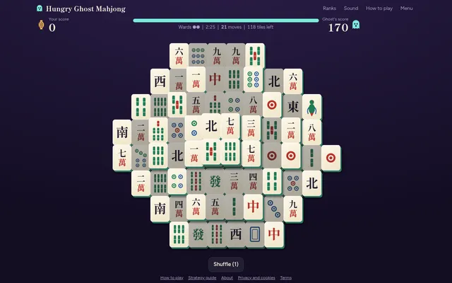 A Hungry Ghost Mahjong board in play, a stacked layout of mahjong tiles with your score, the ghost's score, the clock and the tiles left above it