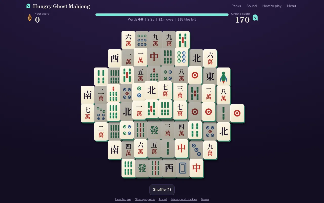 A Hungry Ghost Mahjong board in play, a stacked layout of mahjong tiles with your score, the ghost's score, the clock and the tiles left above it