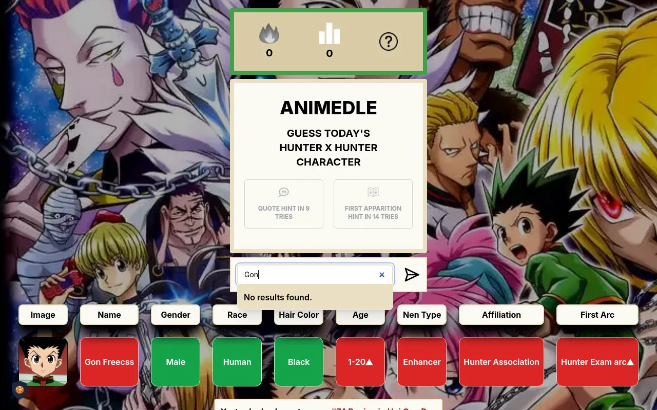 Hunterdle on 18 October 2026: today's character card above a first guess, Gon Freecss, with green tiles for male, human and black hair and red for the rest