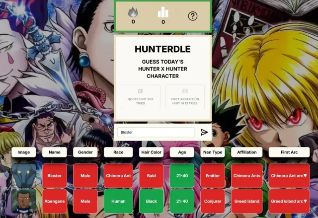 Hunterdle: Guess today's Hunter x Hunter character, with guesses for Bloster and Abengane showing tiles for gender, race, hair colour, age, Nen type, affiliation and first arc
