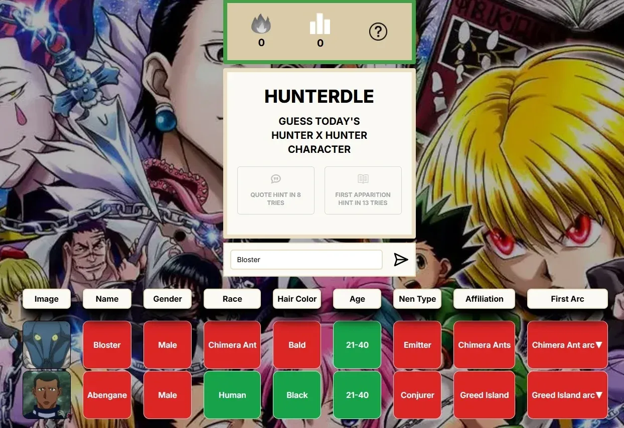 Hunterdle: Guess today's Hunter x Hunter character, with guesses for Bloster and Abengane showing tiles for gender, race, hair colour, age, Nen type, affiliation and first arc