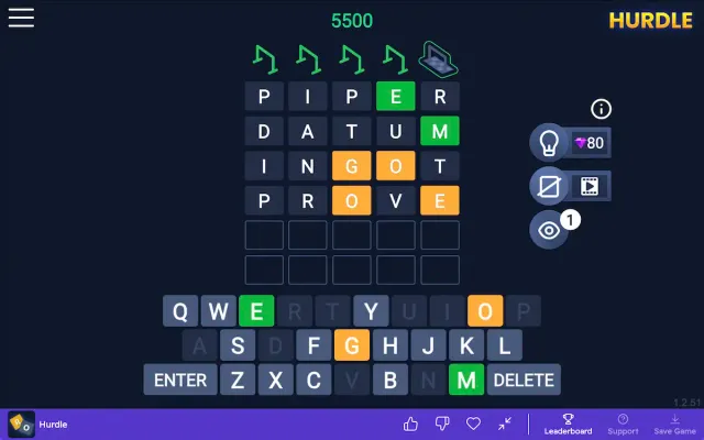 Hurdle board with four guesses on the final puzzle, coloured letters and the keyboard below