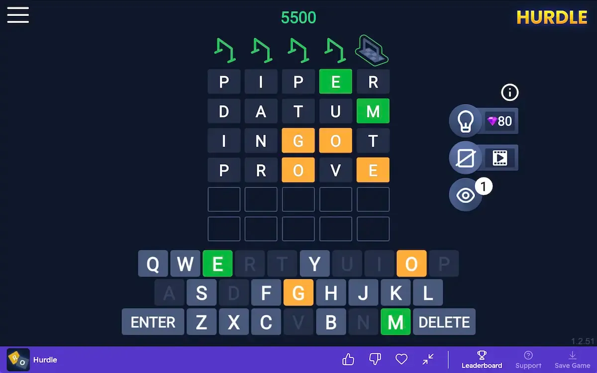 Hurdle board with four guesses on the final puzzle, coloured letters and the keyboard below