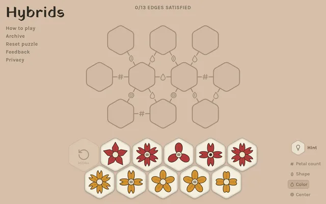 Hybrids board for 21 October 2026: ten empty hex cells joined by count, shape, colour and centre links, with eleven red and orange flower tiles below