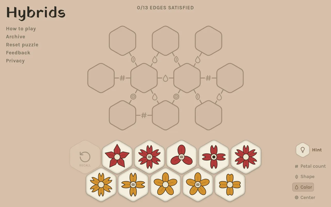 Hybrids board for 21 October 2026: ten empty hex cells joined by count, shape, colour and centre links, with eleven red and orange flower tiles below
