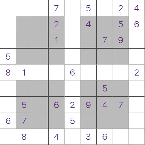 An example Hyper Sudoku from PuzzleMadness's rules with four shaded extra regions