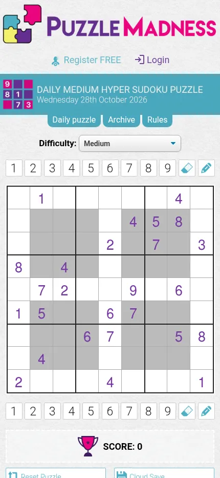The Medium Hyper Sudoku for 28 October 2026 on PuzzleMadness at phone size: a 9x9 grid with its givens, four grey 3x3 extra regions and digit buttons above and below