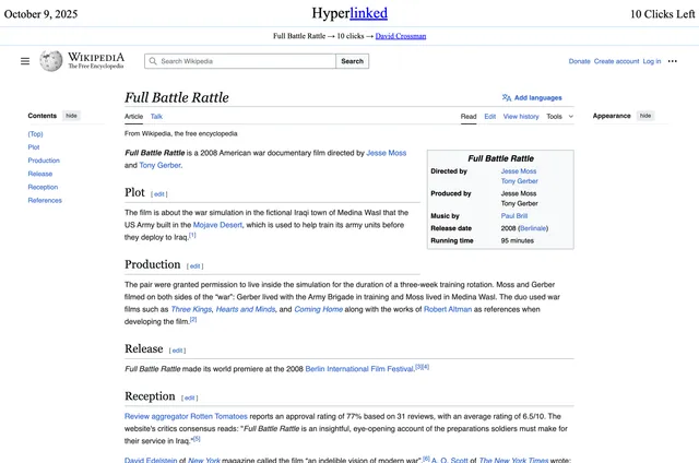 A Hyperlinked daily challenge dated October 9, 2025: start article Full Battle Rattle, target David Crossman, 10 clicks left, with the Wikipedia article below