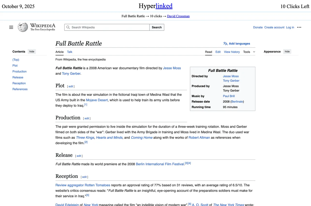 A Hyperlinked daily challenge dated October 9, 2025: start article Full Battle Rattle, target David Crossman, 10 clicks left, with the Wikipedia article below