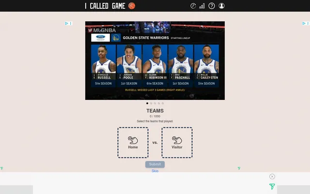 I Called Game's Teams round: a video thumbnail of a Golden State Warriors starting lineup above empty Home and Visitor slots to pick the two teams