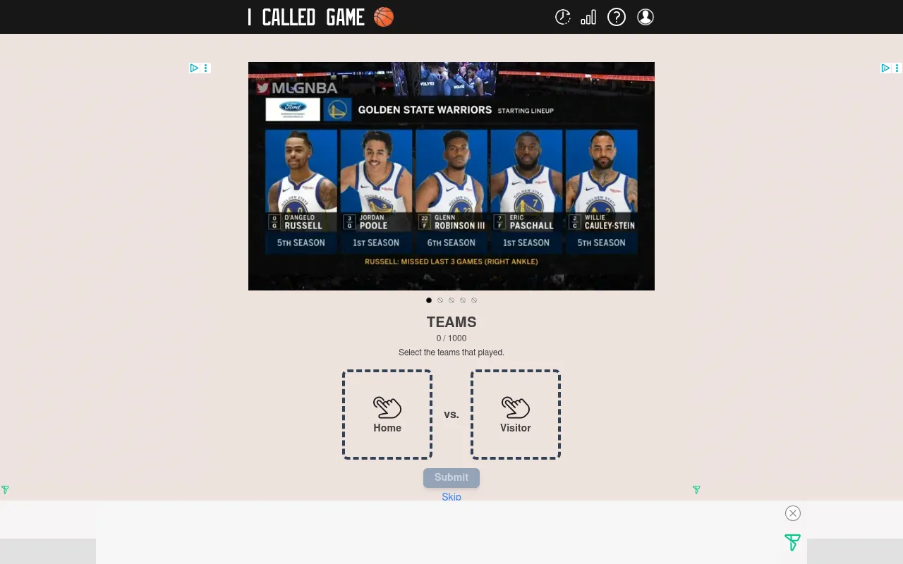 I Called Game's Teams round: a video thumbnail of a Golden State Warriors starting lineup above empty Home and Visitor slots to pick the two teams
