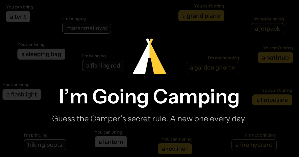 I'm Going Camping share image: a tent logo surrounded by items the Camper brings, like a tent and marshmallows, and refuses, like a grand piano