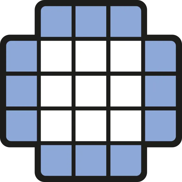 The Nine to Five puzzle icon: its plus-shaped grid, a three by three block of empty squares framed by the blue squares that hold each word's first and last letters