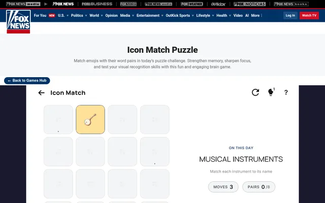 Icon Match on 26 October 2026: a four by four board with one banjo card turned up, beside the day's theme Musical Instruments and counters of 3 moves and 0 of 8 pairs