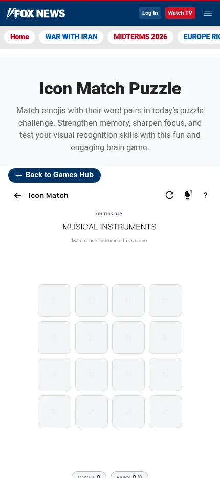 Icon Match at phone size on 26 October 2026: the Musical Instruments theme above sixteen face-down cards with moves and pairs counters below