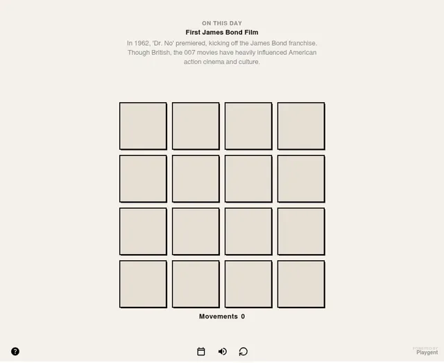 Icon Match for Monday 5 October 2026: a 4 by 4 board of face-down cards under an On This Day note about the first James Bond film, with a Movements counter at 0
