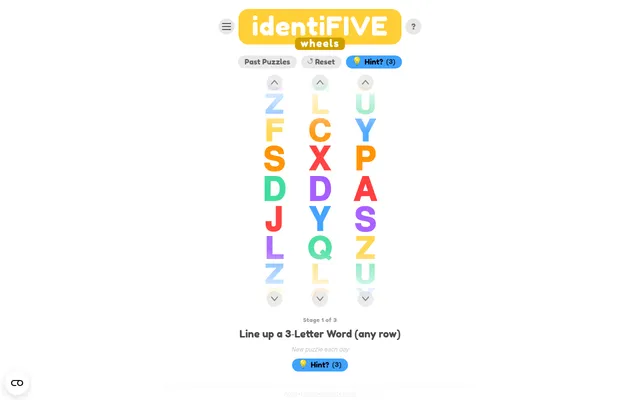 identiFIVE Wheels puzzle No. 37 on desktop: three columns of coloured letter wheels with up and down arrows, stage 1 of 3, line up a 3-letter word in any row