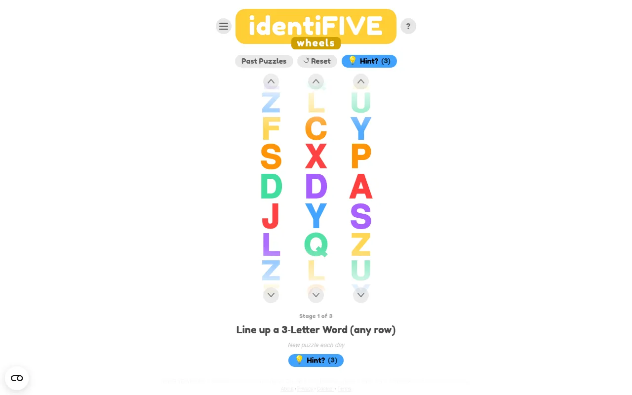 identiFIVE Wheels puzzle No. 37 on desktop: three columns of coloured letter wheels with up and down arrows, stage 1 of 3, line up a 3-letter word in any row
