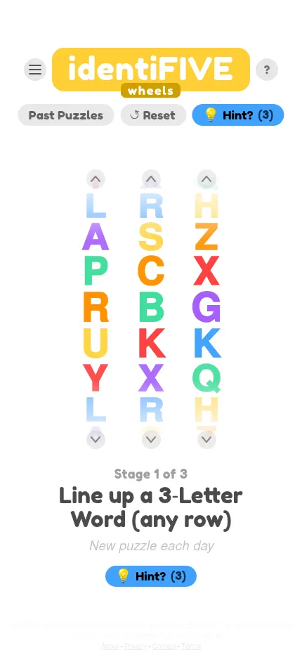 identiFIVE Wheels at stage 1 of 3: three columns of coloured letter wheels with up and down arrows, asking for a 3-letter word in any row