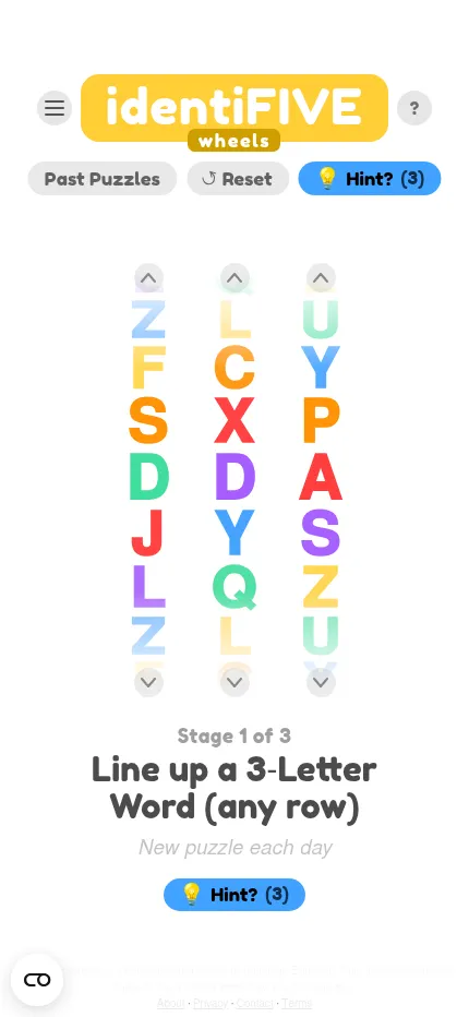 identiFIVE Wheels on a phone held upright: today's three letter wheels, stage 1 of 3, with Past Puzzles, Reset and Hint buttons