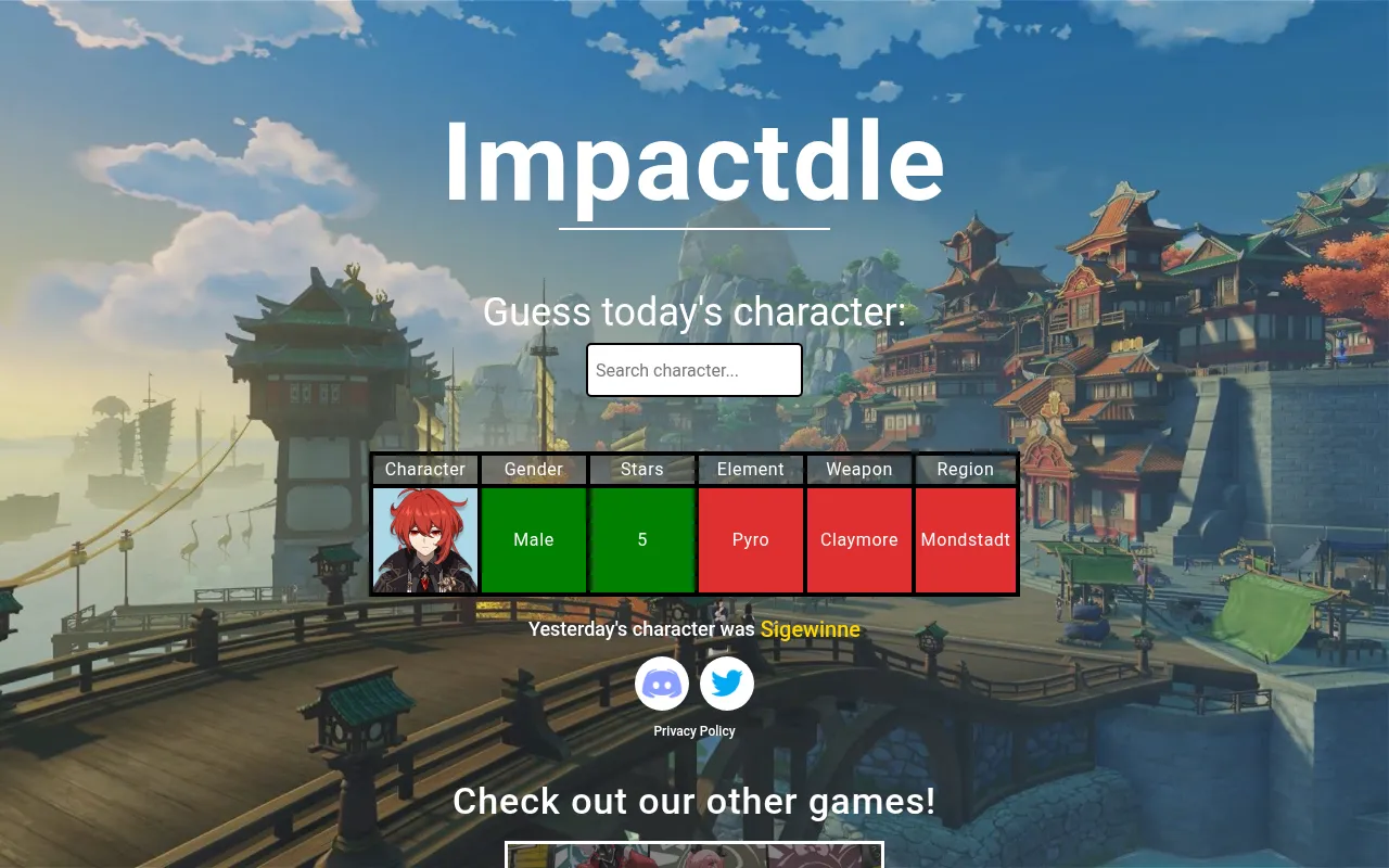 Impactdle after one guess on an earlier day: Diluc's row with gender and stars in green, and element, weapon and region in red
