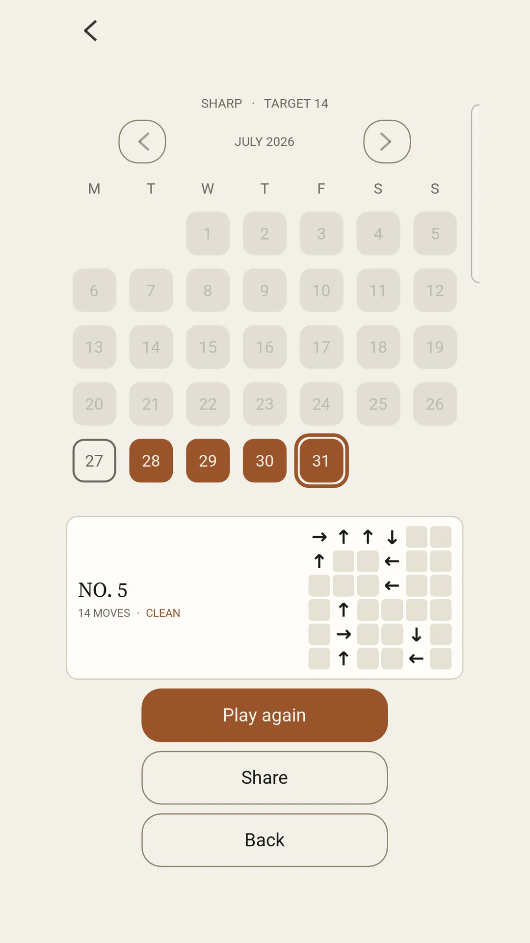 Impasse past puzzles calendar for July 2026 with a solved card for No. 5, 14 moves, clean