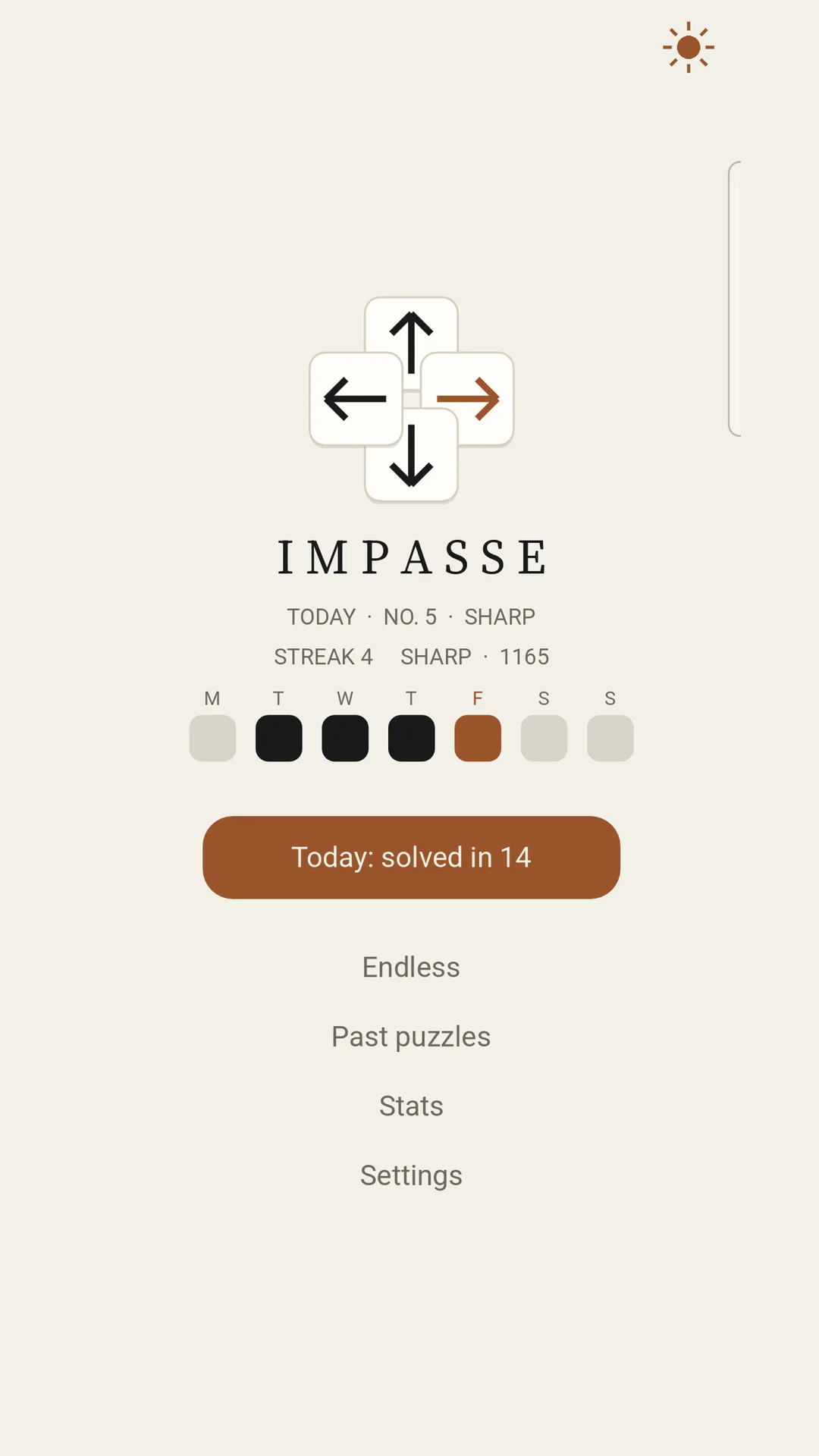 Impasse main menu showing today's puzzle No. 5, a four-day streak, and options for Endless, Past puzzles, Stats and Settings
