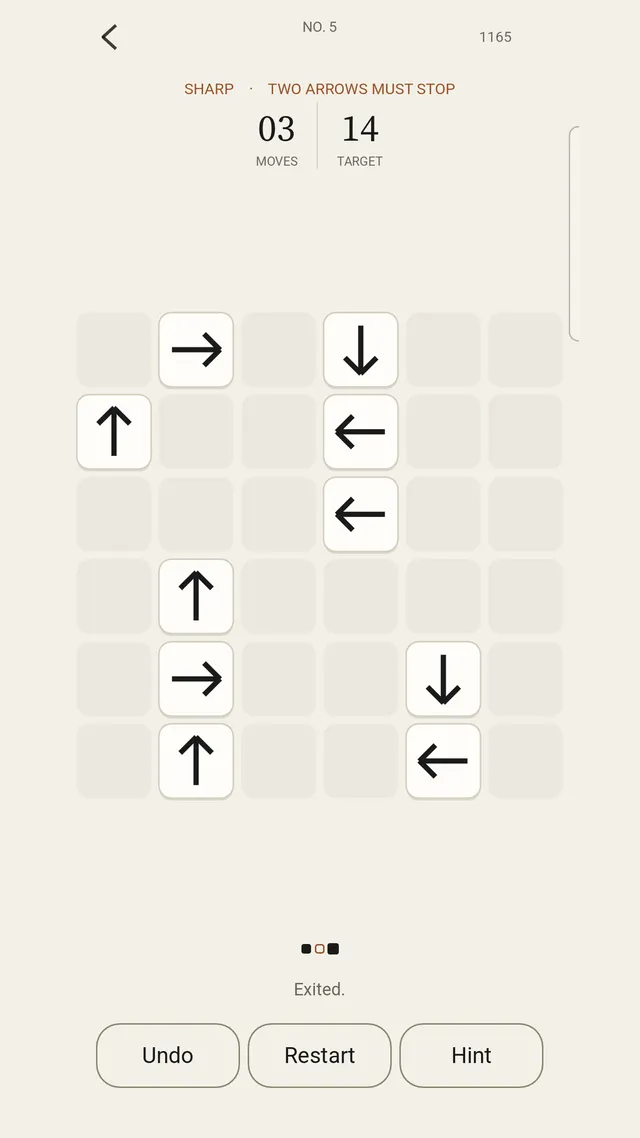 Impasse daily puzzle No. 5 in play: a 6x6 grid with black arrow tiles, 3 moves against a target of 14, and Undo, Restart and Hint buttons