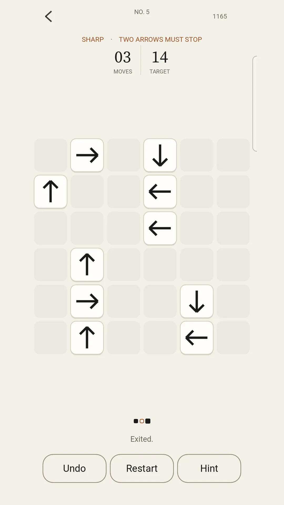 Impasse daily puzzle No. 5 in play: a 6x6 grid with black arrow tiles, 3 moves against a target of 14, and Undo, Restart and Hint buttons