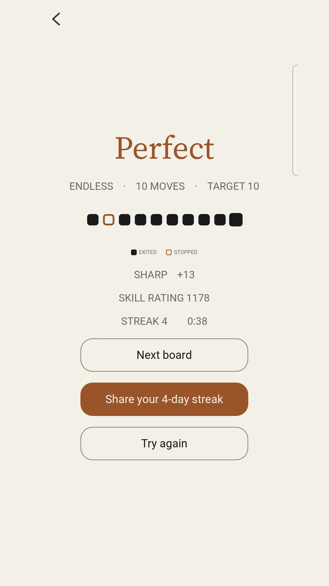 Impasse result screen reading Perfect: an Endless board solved in 10 moves against a target of 10