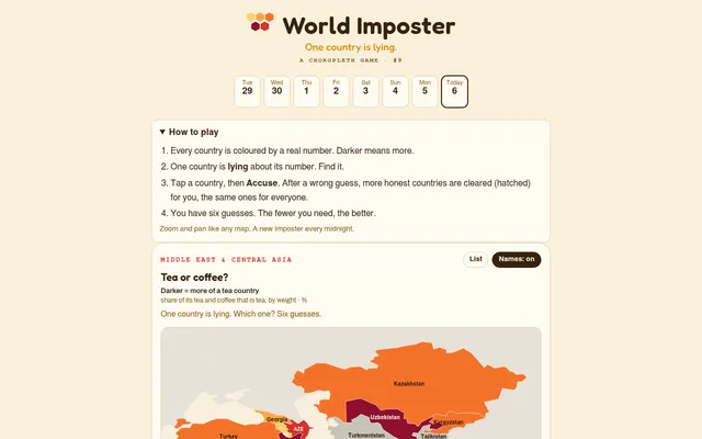 World Imposter #9: a map of the Middle East and Central Asia shaded by tea or coffee, under a strip of the past week's days