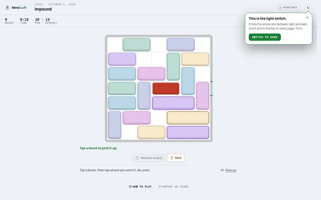 Impound's daily sliding-block lot: a 7 by 7 grid packed with coloured blocks, the red block to free through the exit on the right, par 20 moves