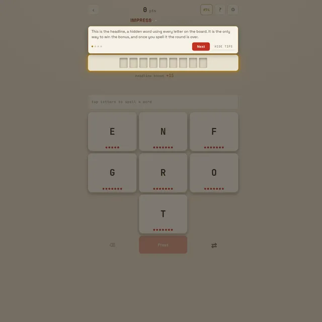 Impress board 74 with seven letter tiles showing ink dots, a hidden nine-letter headline and the first tip