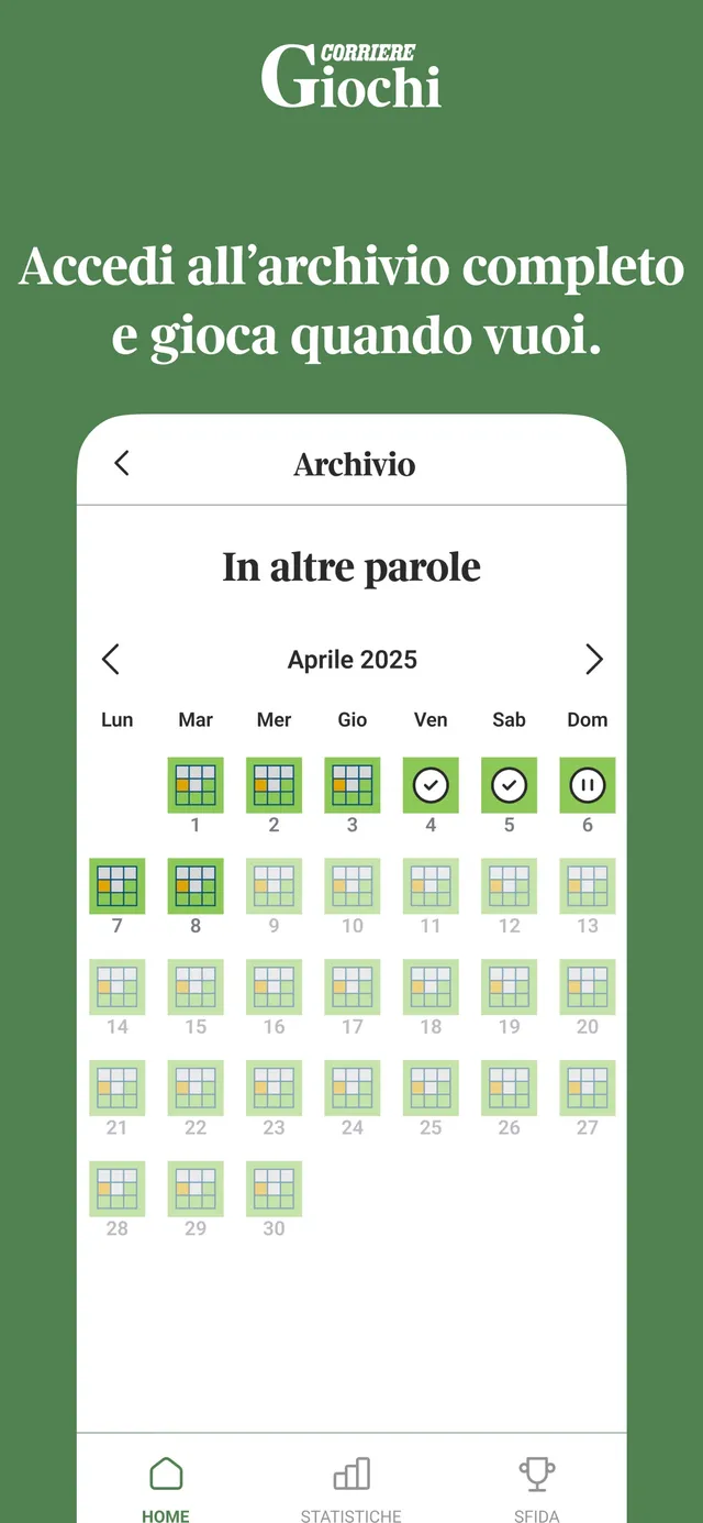 The In altre parole archive calendar in the Corriere Giochi app