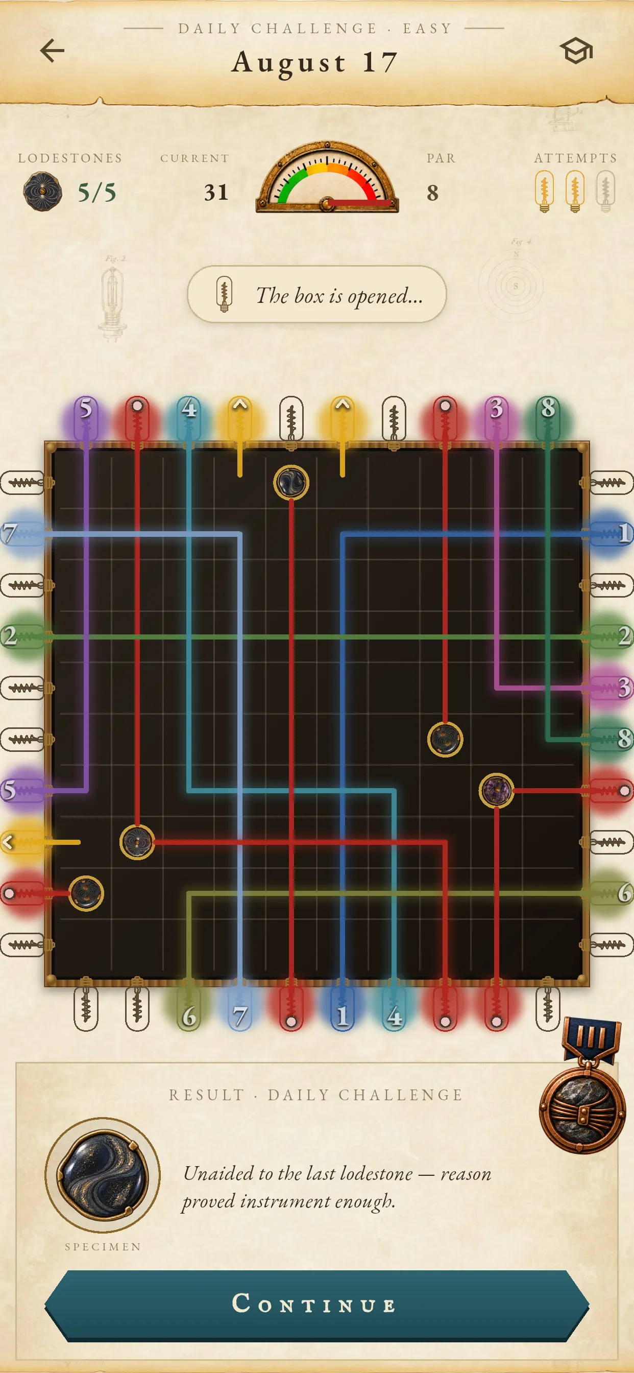 A solved Induction daily challenge: coloured probe paths crossing the grid and bending around five found lodestones