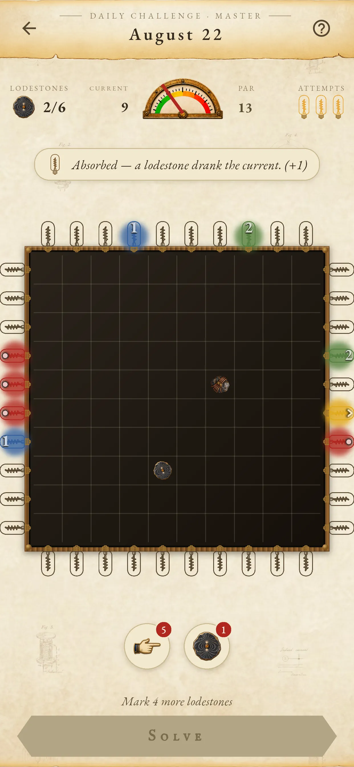 An Induction Master daily in progress: a dark grid with two lodestones marked and probe results on the edges
