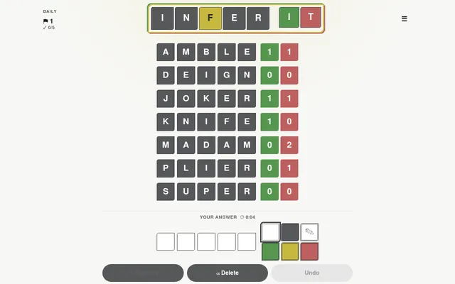 InferIt daily puzzle 1 for 30 October 2026 on desktop: seven clue words from AMBLE to SUPER with green and red counts above five empty answer boxes