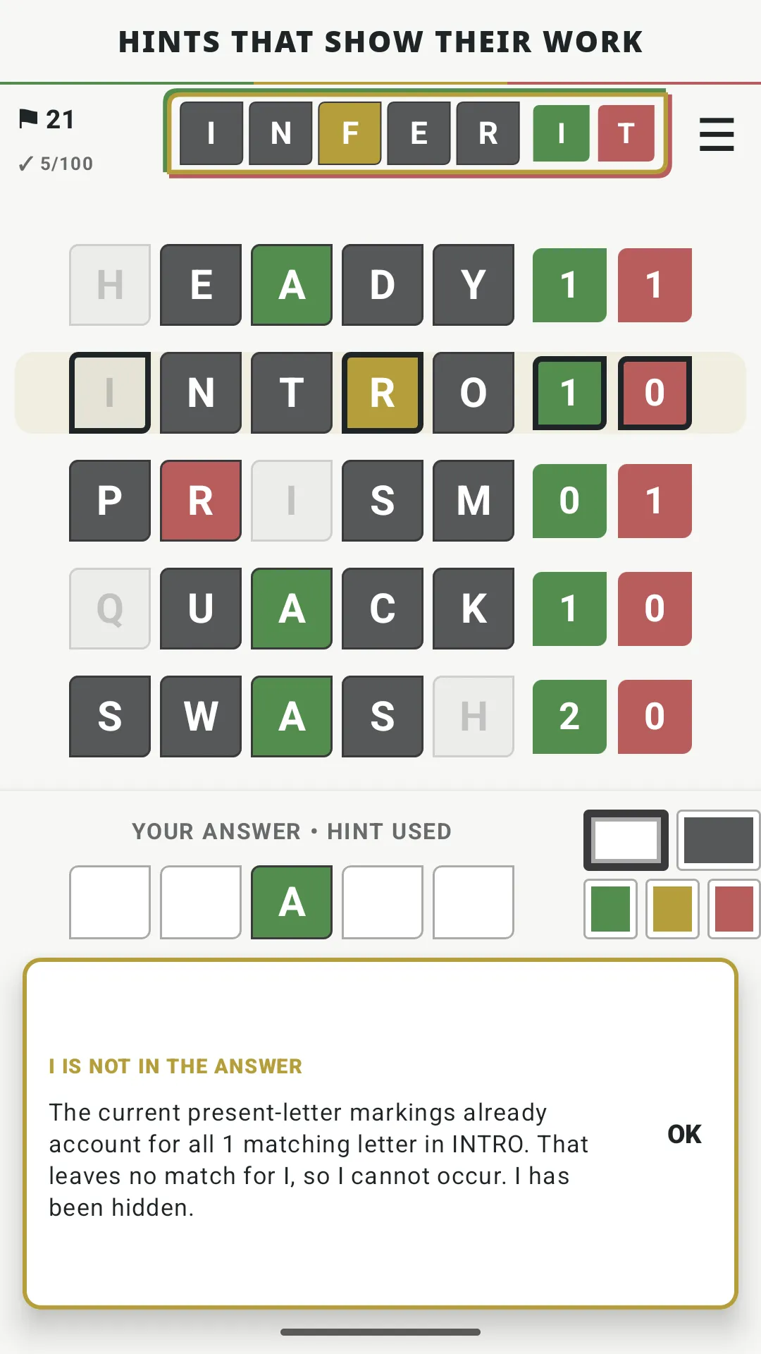 InferIt hint explaining why the letter I is not in the answer, with clue letters marked in green, yellow and red