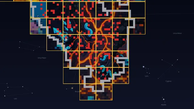 Infinite Minesweeper: cleared 8x8 zones outlined in gold reveal a painted area of glowing lava and blue creatures among red-flagged mines, surrounded by a night sky with labelled constellations