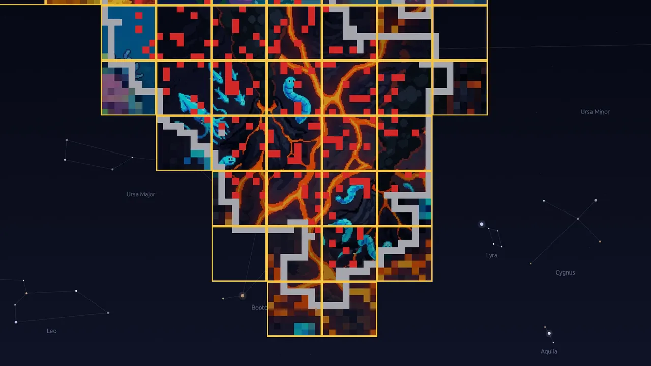 Infinite Minesweeper: cleared 8x8 zones outlined in gold reveal a painted area of glowing lava and blue creatures among red-flagged mines, surrounded by a night sky with labelled constellations