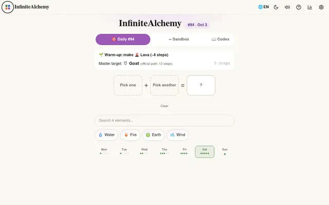 InfiniteAlchemy Daily #94 on Zalize for October 3: a warm-up goal and a master target with its official path length, two pick slots, and the starting elements Water, Fire, Earth and Wind