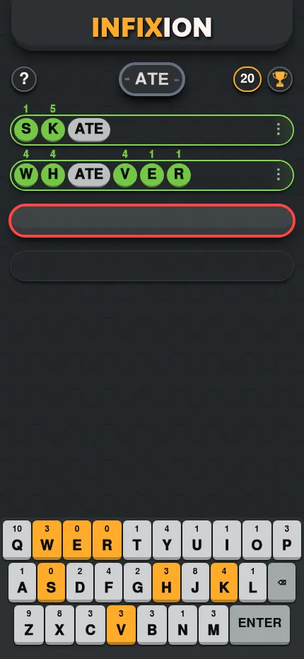 Infixion at phone size with the infix ATE, two words entered and the letter-value keyboard at the bottom